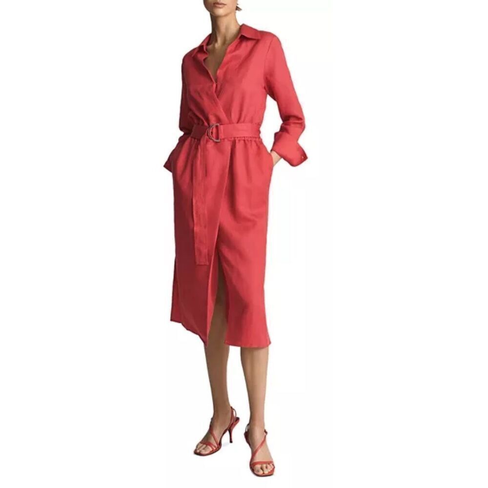 Reiss Emily Belted Shirt Dress In Coral Nwot Size 4